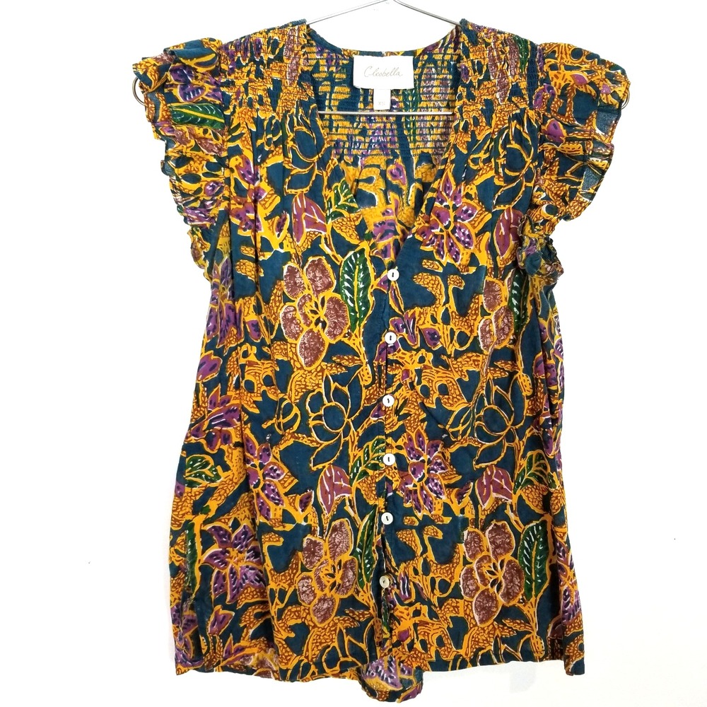 Cleobella Chloe Floral Organic Cotton Ruffle Blouse Sz XS Top Button Up